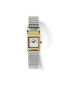 silver band and gold face watch