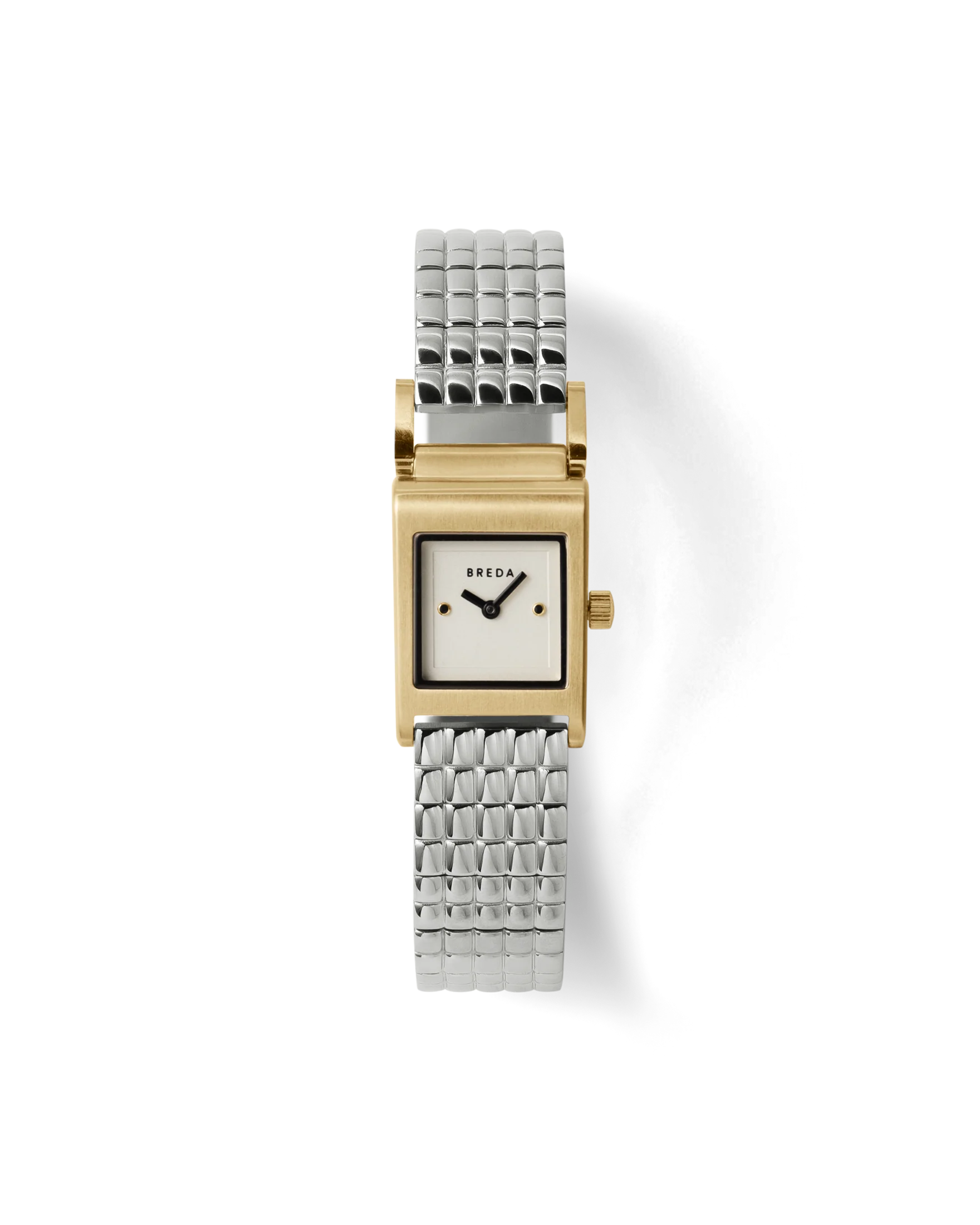silver band and gold face watch