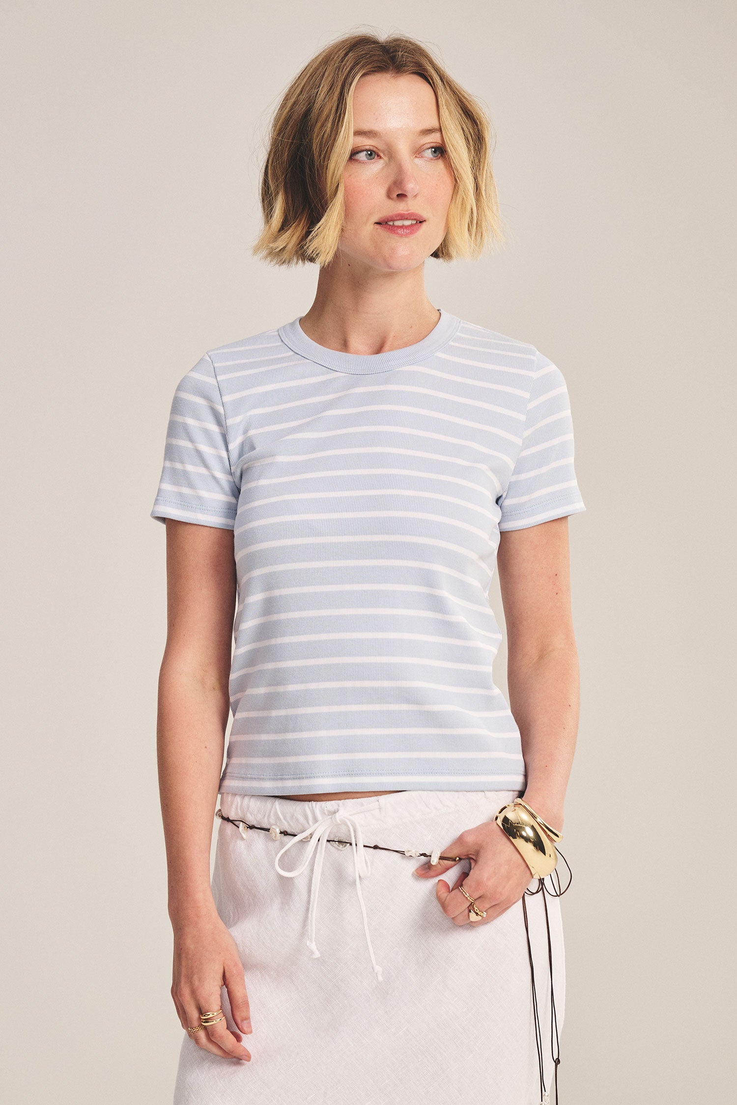 blue t-shirt with white stripes