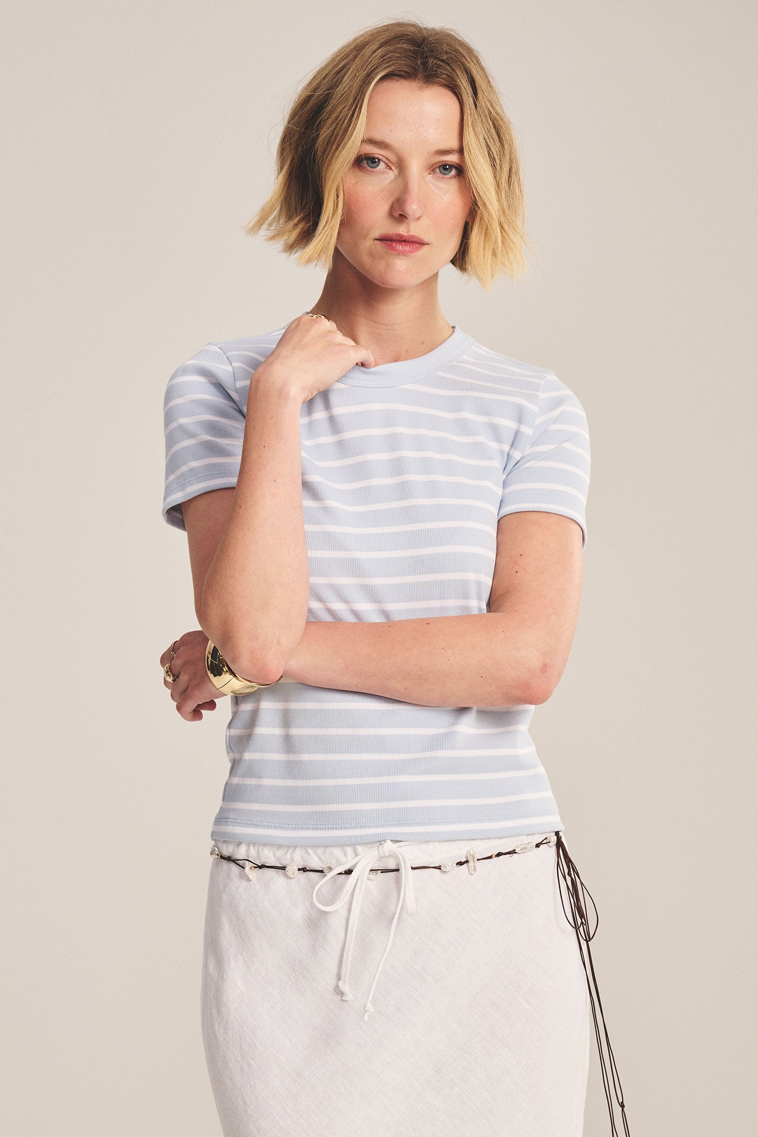 blue t-shirt with white stripes