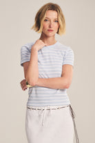 blue t-shirt with white stripes