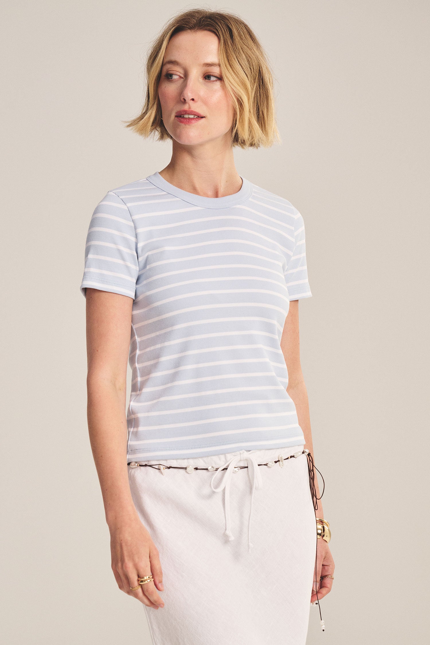 blue t-shirt with white stripes