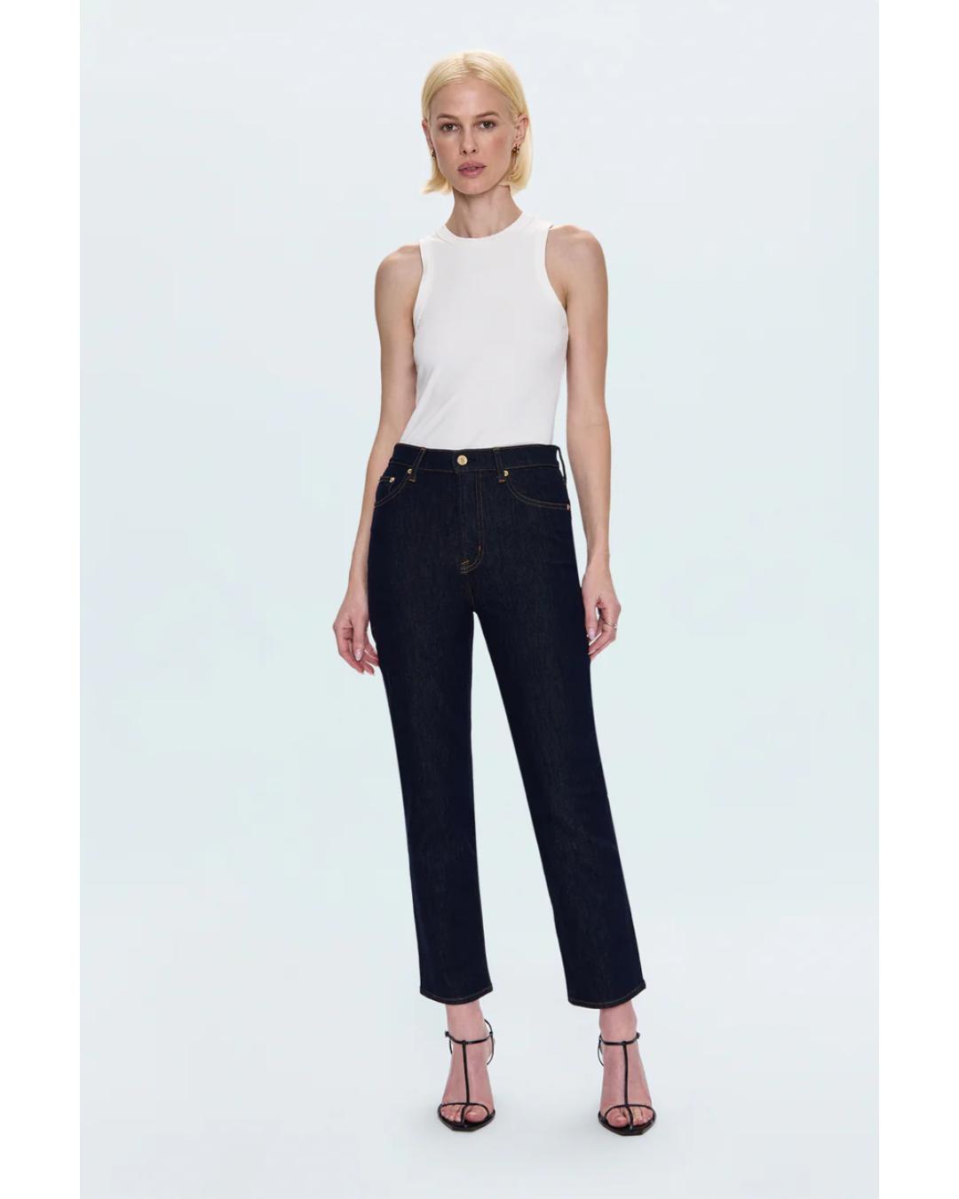high rise ankle denim pant in a dark blue