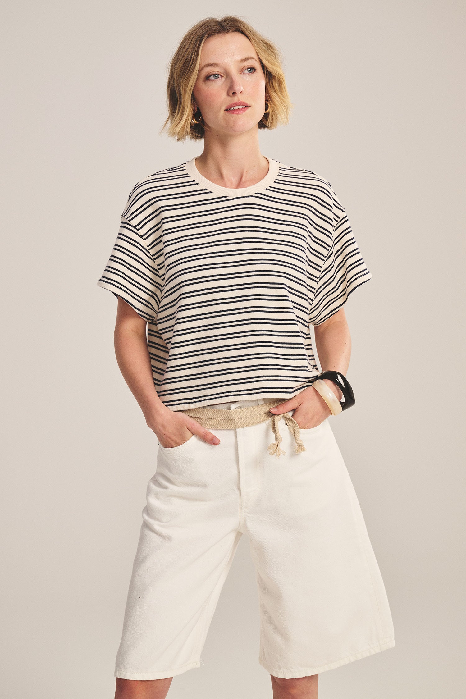terry t-shirt with navy and cream stripes