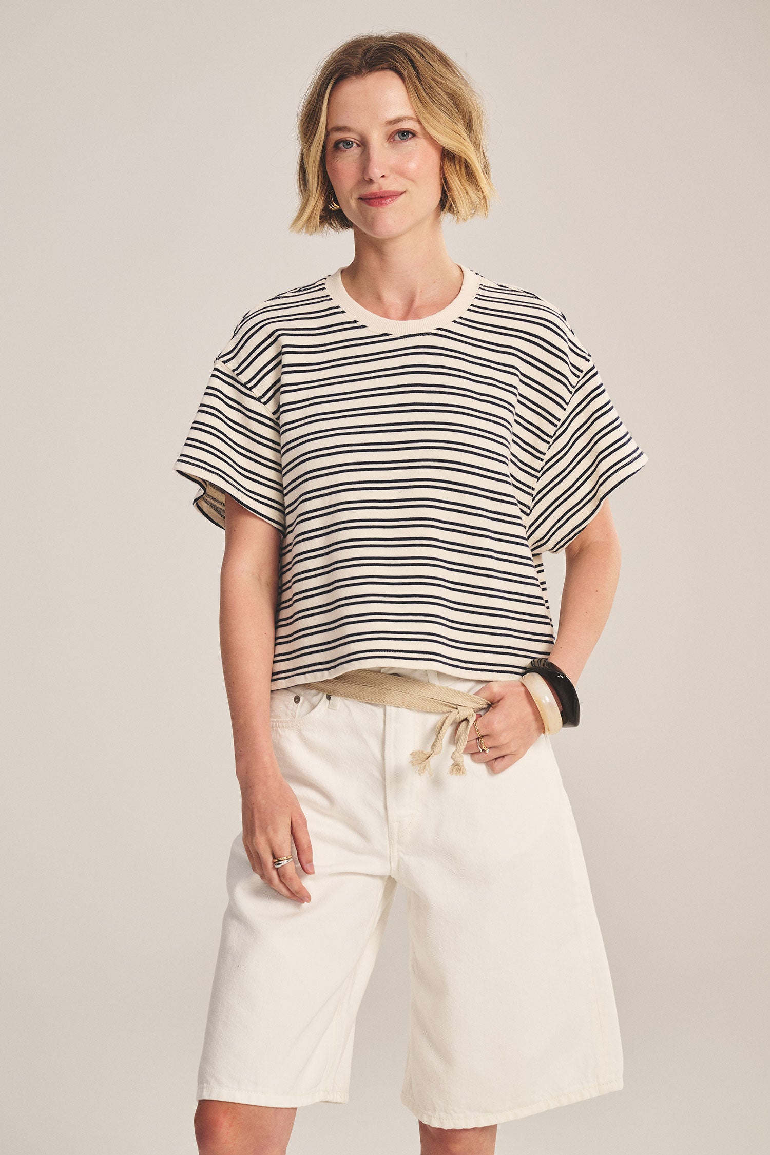 terry t-shirt with navy and cream stripes