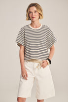 terry t-shirt with navy and cream stripes