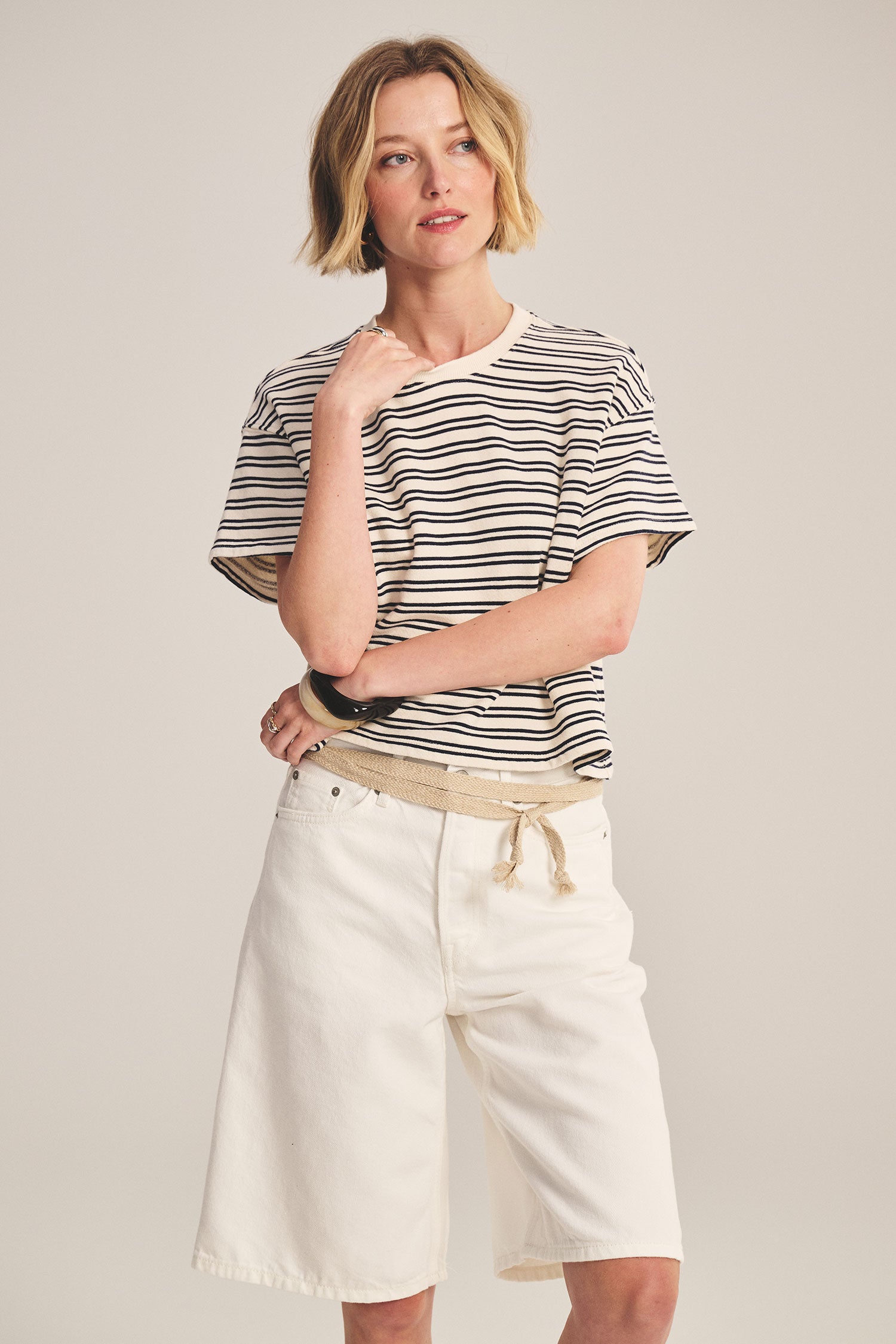 terry t-shirt with navy and cream stripes