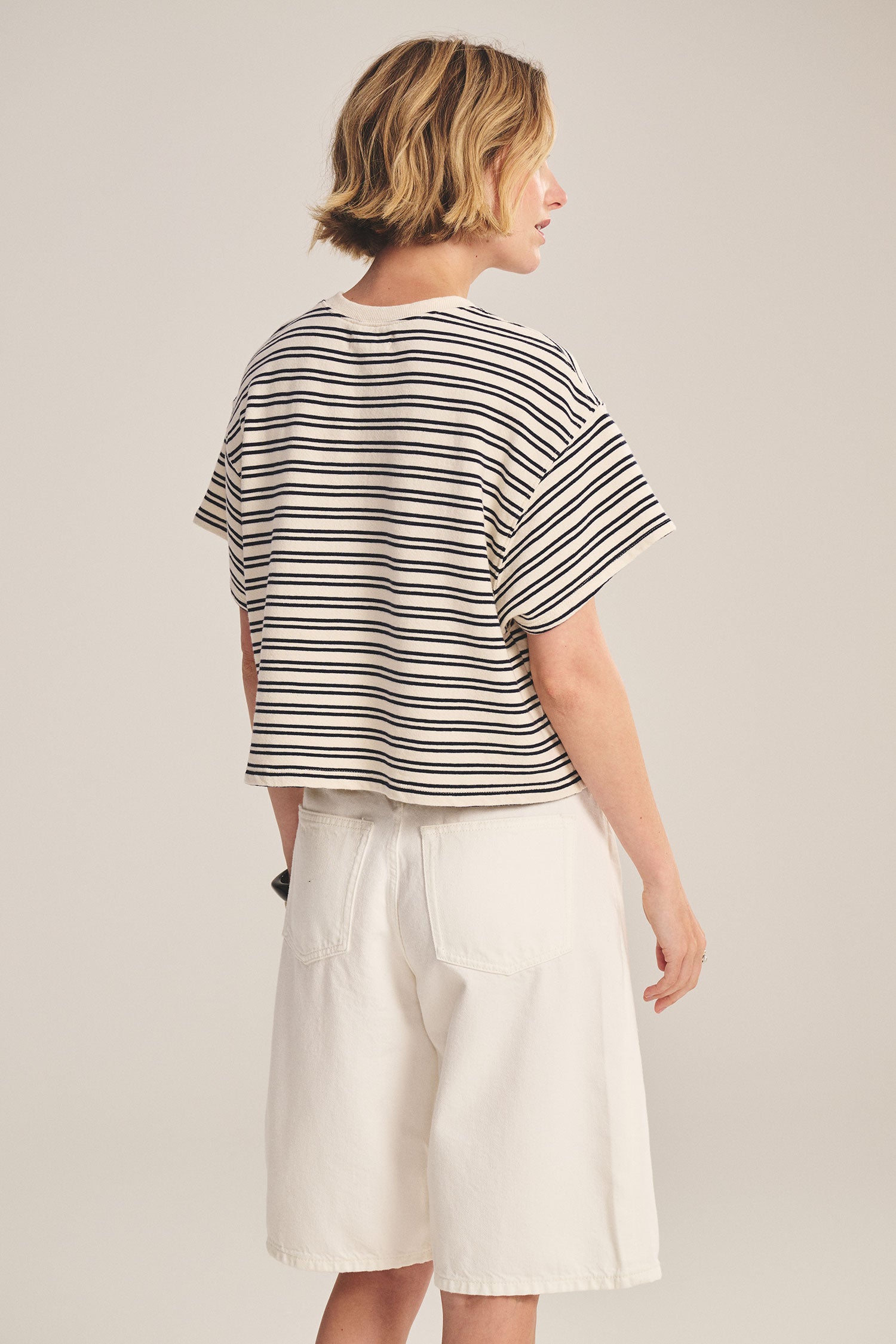 terry t-shirt with navy and cream stripes