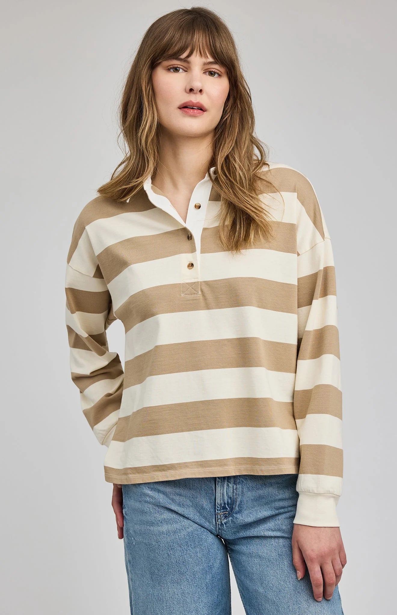 stripped polo long sleeve in white and khaki green