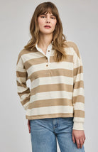 stripped polo long sleeve in white and khaki green