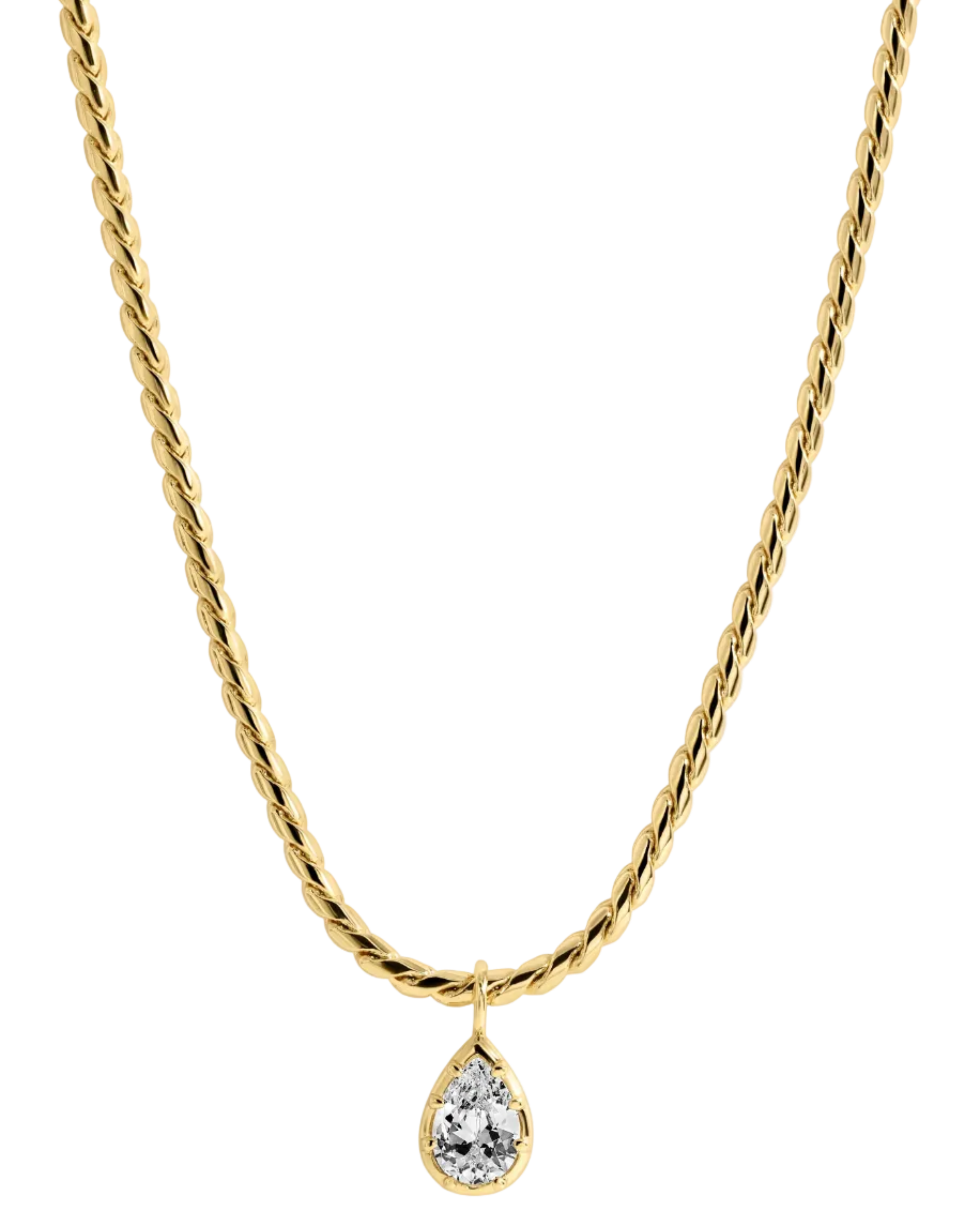 gold rope necklace with pear shaped diamond pendant 