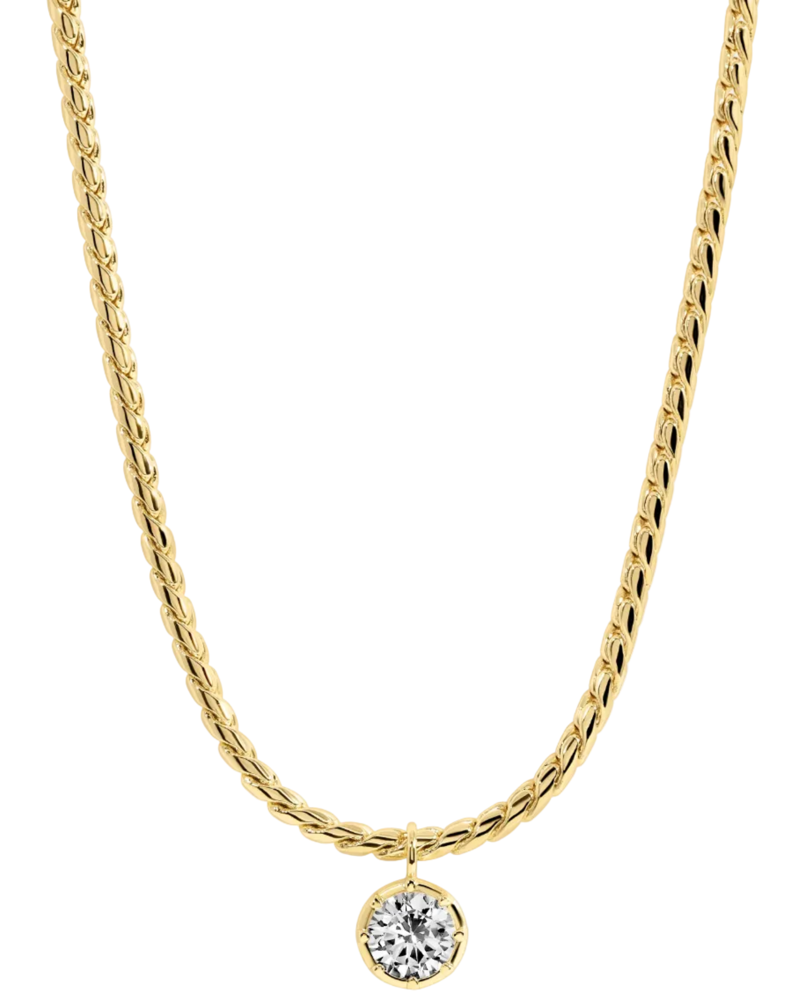 gold rope necklace with circular diamond pendant