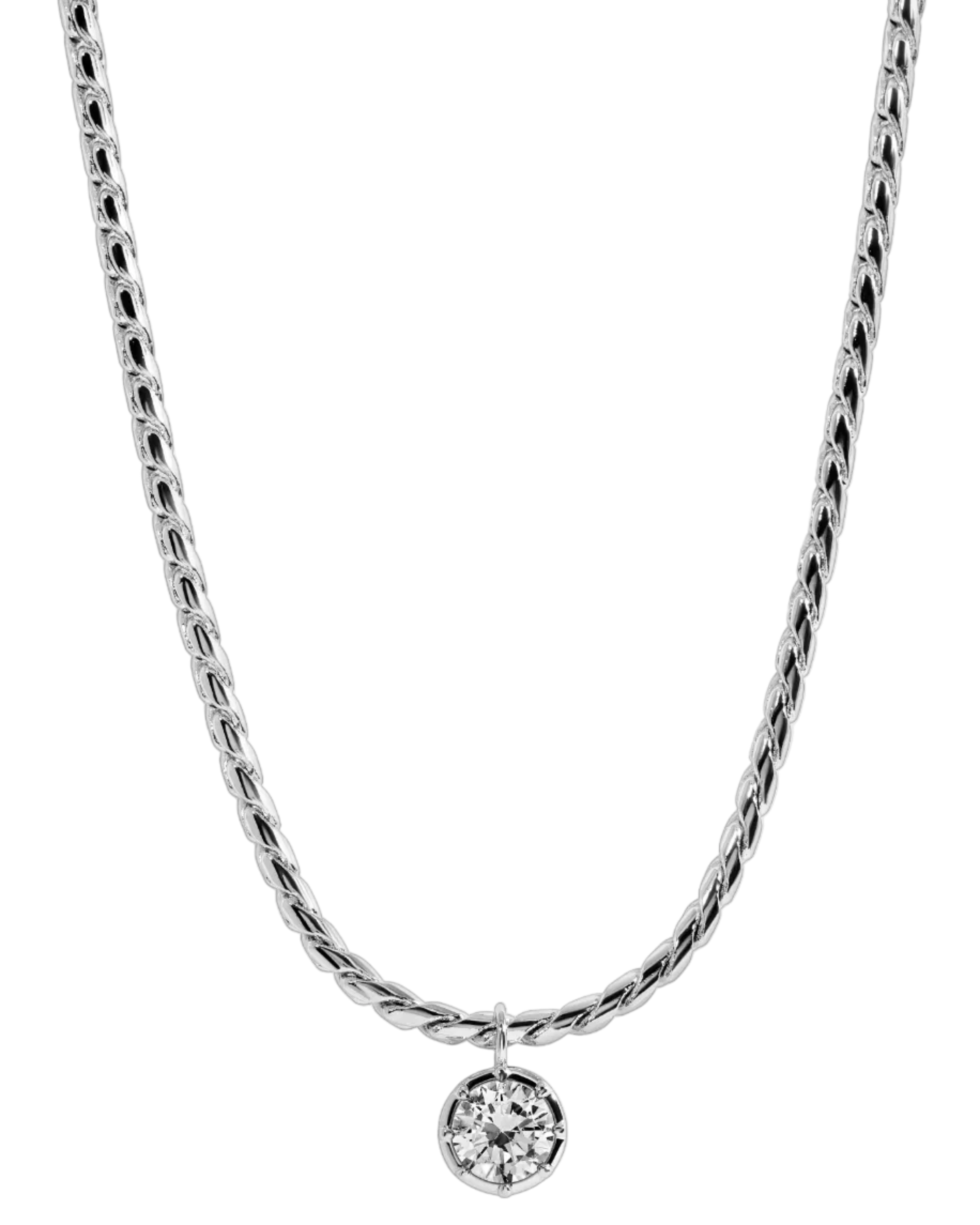 silver rope necklace with round diamond pendant 