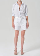 white denim shorts with a drawstring