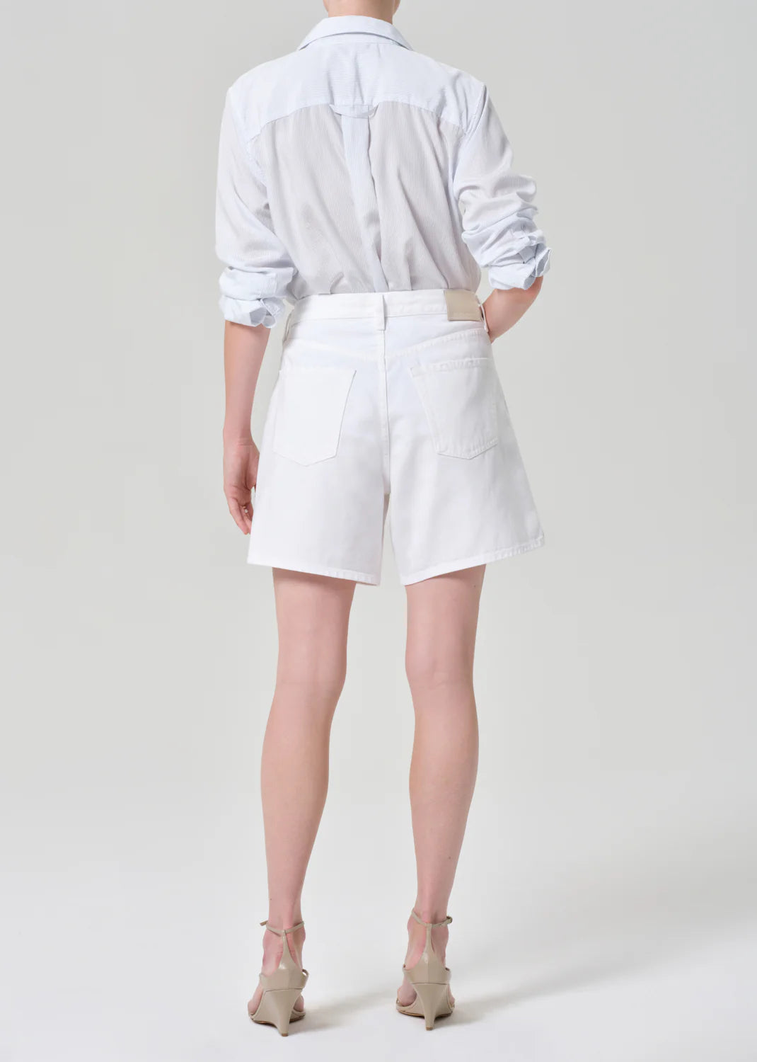 white denim shorts with a drawstring