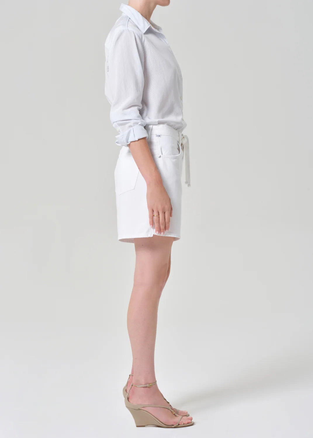white denim shorts with a drawstring