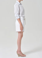 white denim shorts with a drawstring