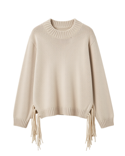 beige knit sweater with tassels on the sides