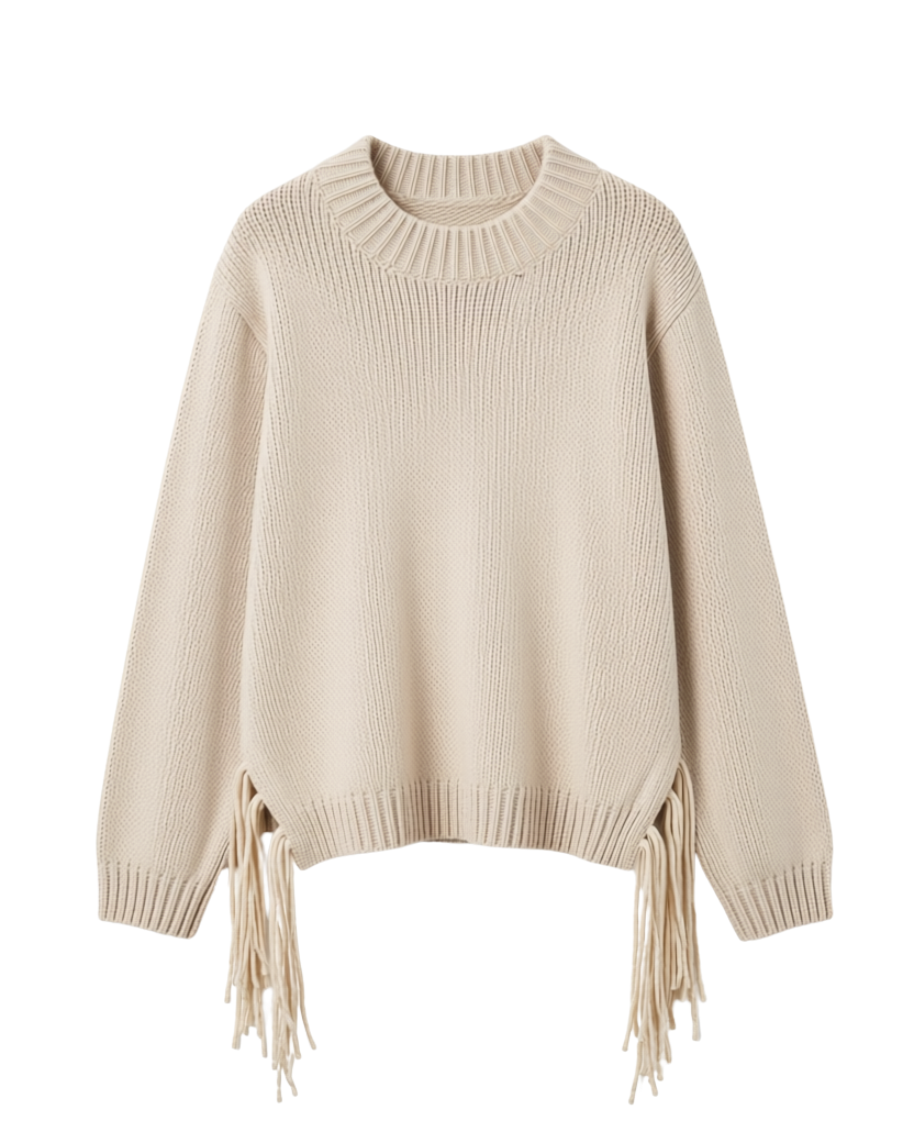 beige knit sweater with tassels on the sides