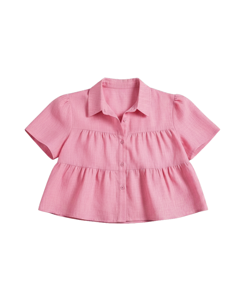 pink cropped tiered short sleeve blouse