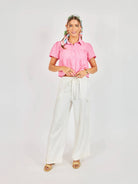 pink cropped tiered short sleeve blouse