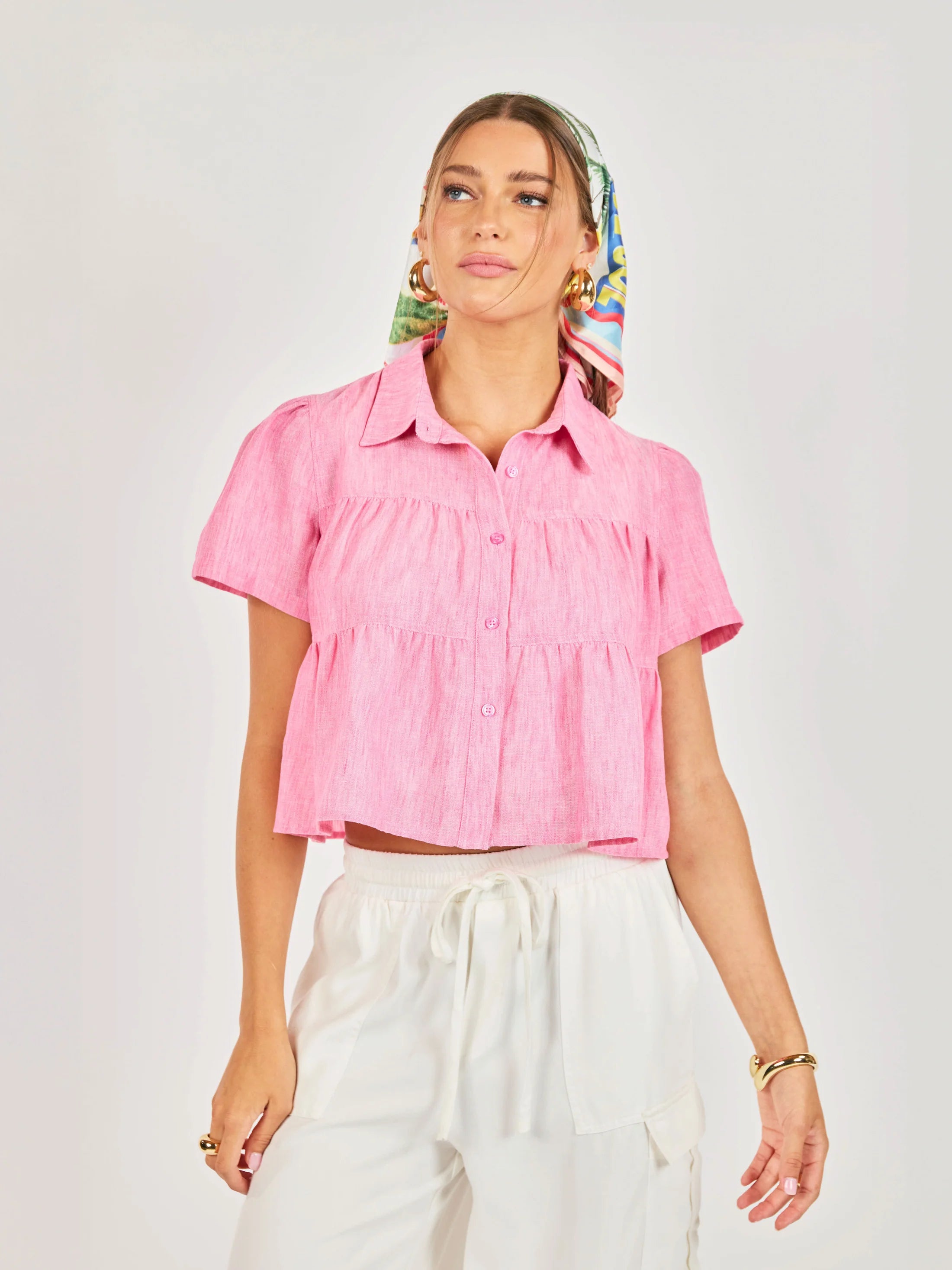 pink cropped tiered short sleeve blouse