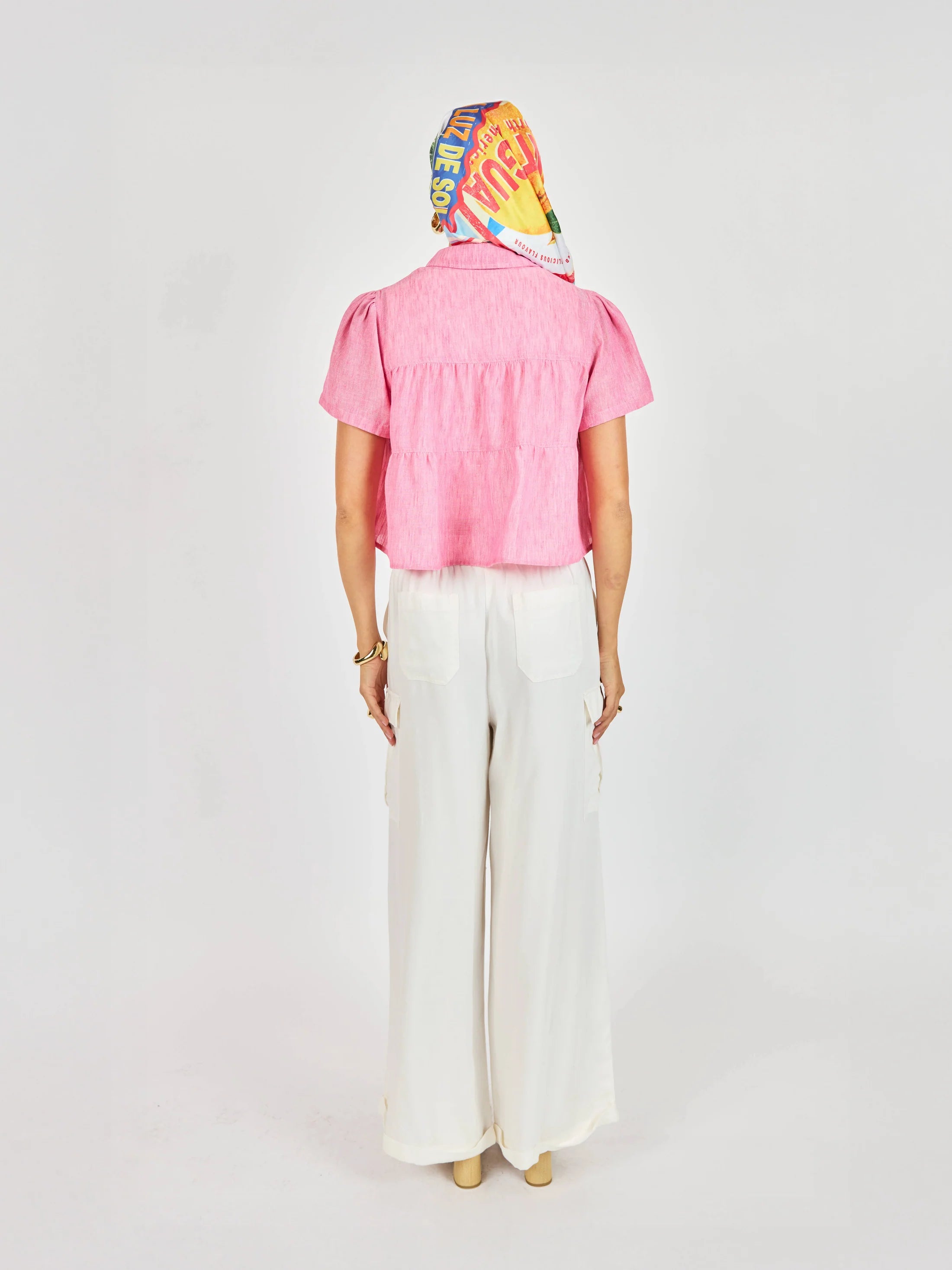 pink cropped tiered short sleeve blouse