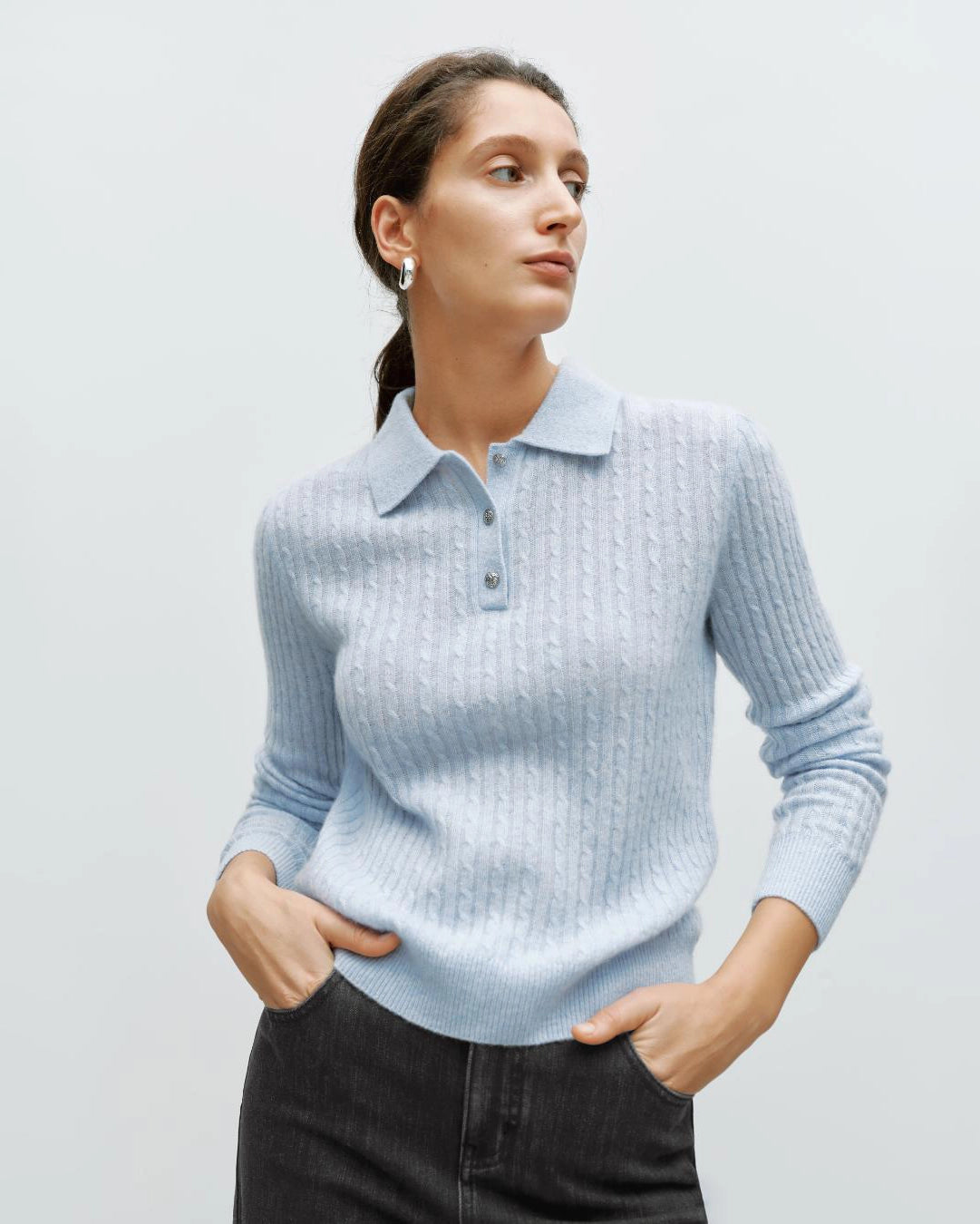 cable knit collar sweater in light blue