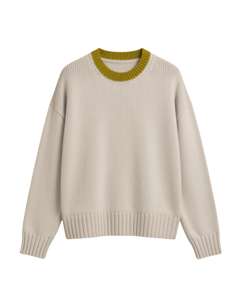 light grey sweater with green trim on neck