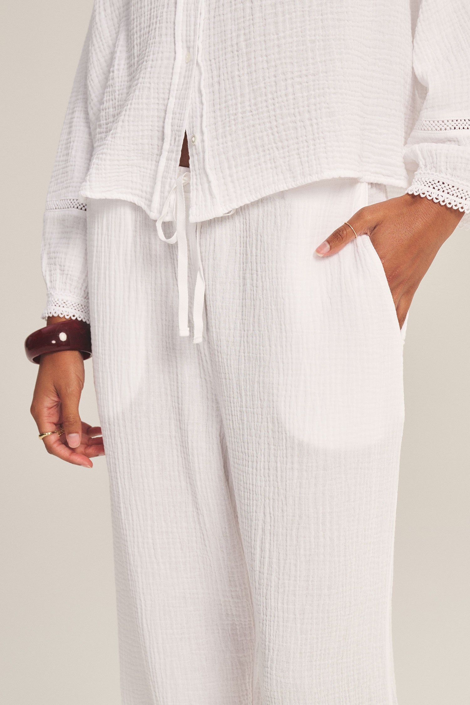 white wide leg gauze pant