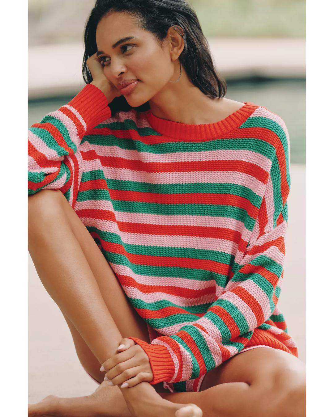 striped sweater in prink, red and green