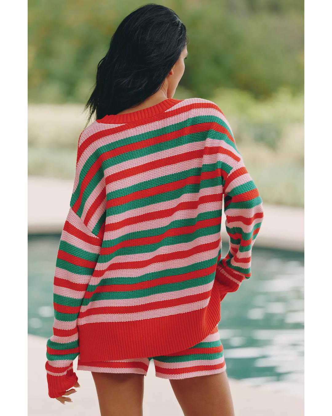 striped sweater in prink, red and green