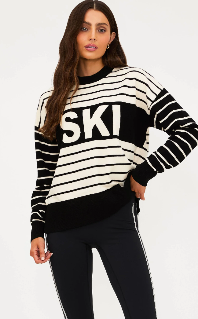 black and white stripe sweater with ski written in the middle