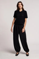 black linen pant which gathers at ankle