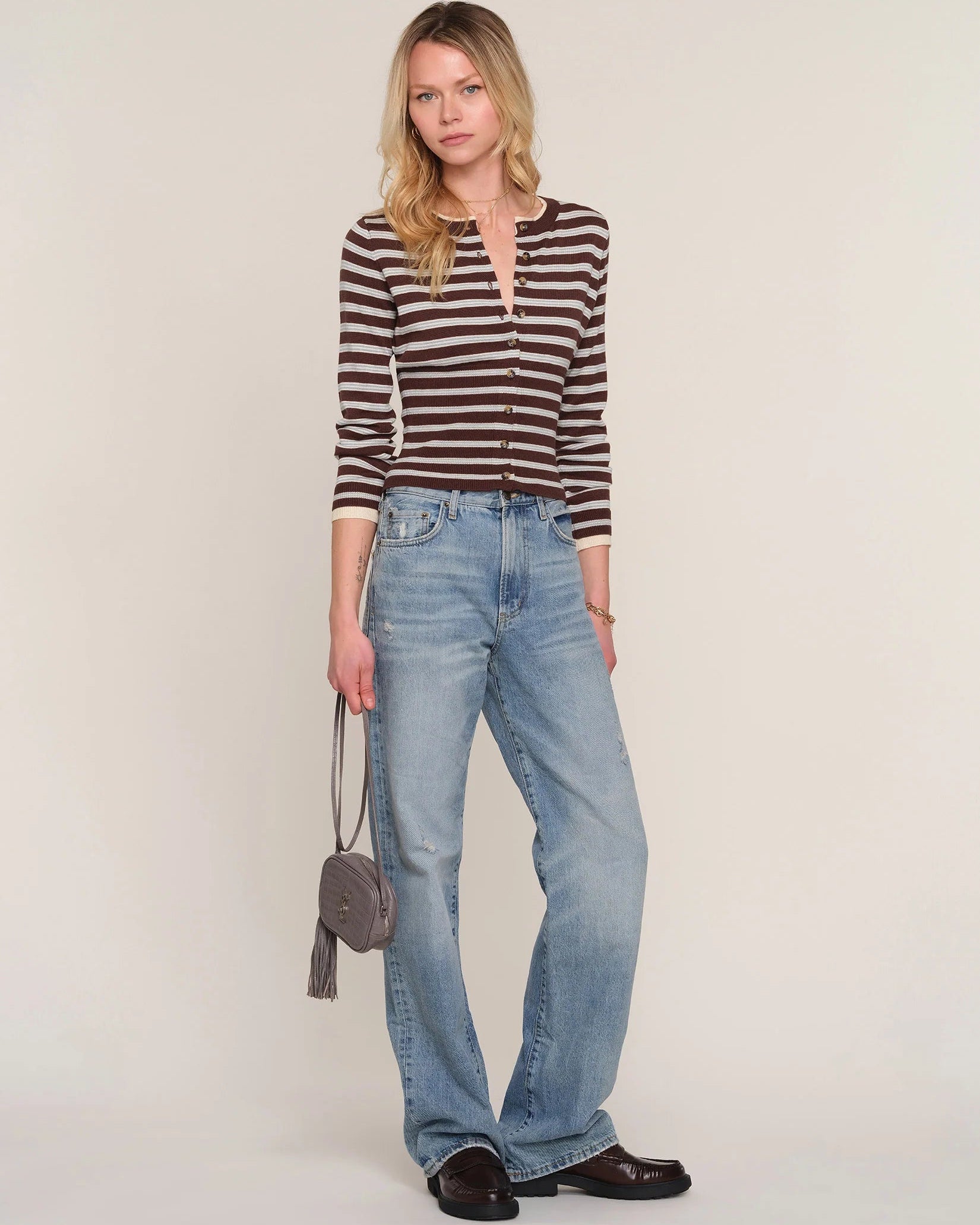 brown and grey striped cardigan