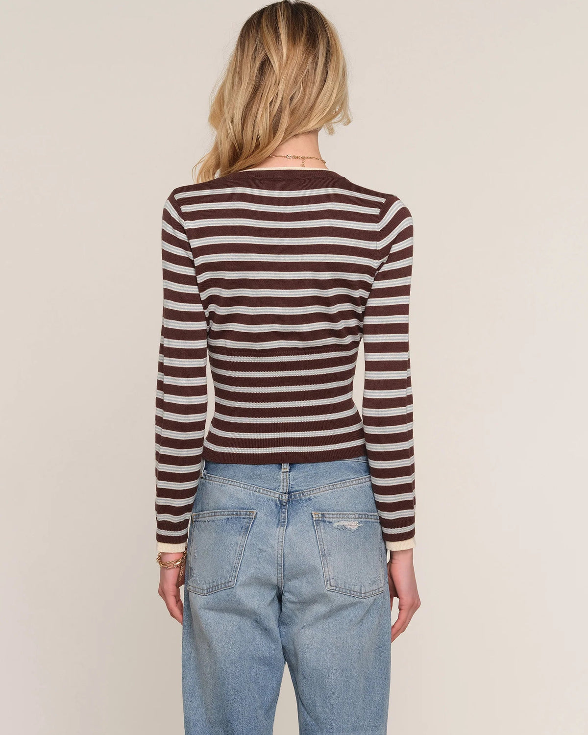 brown and grey striped cardigan