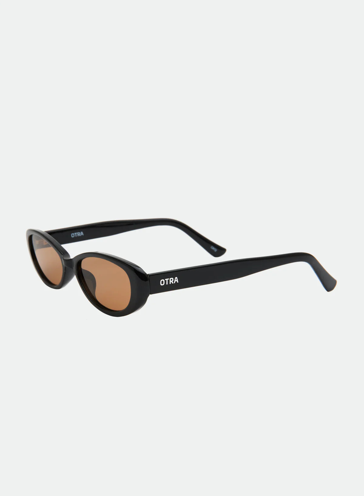 black oval sunglasses with brown lenses
