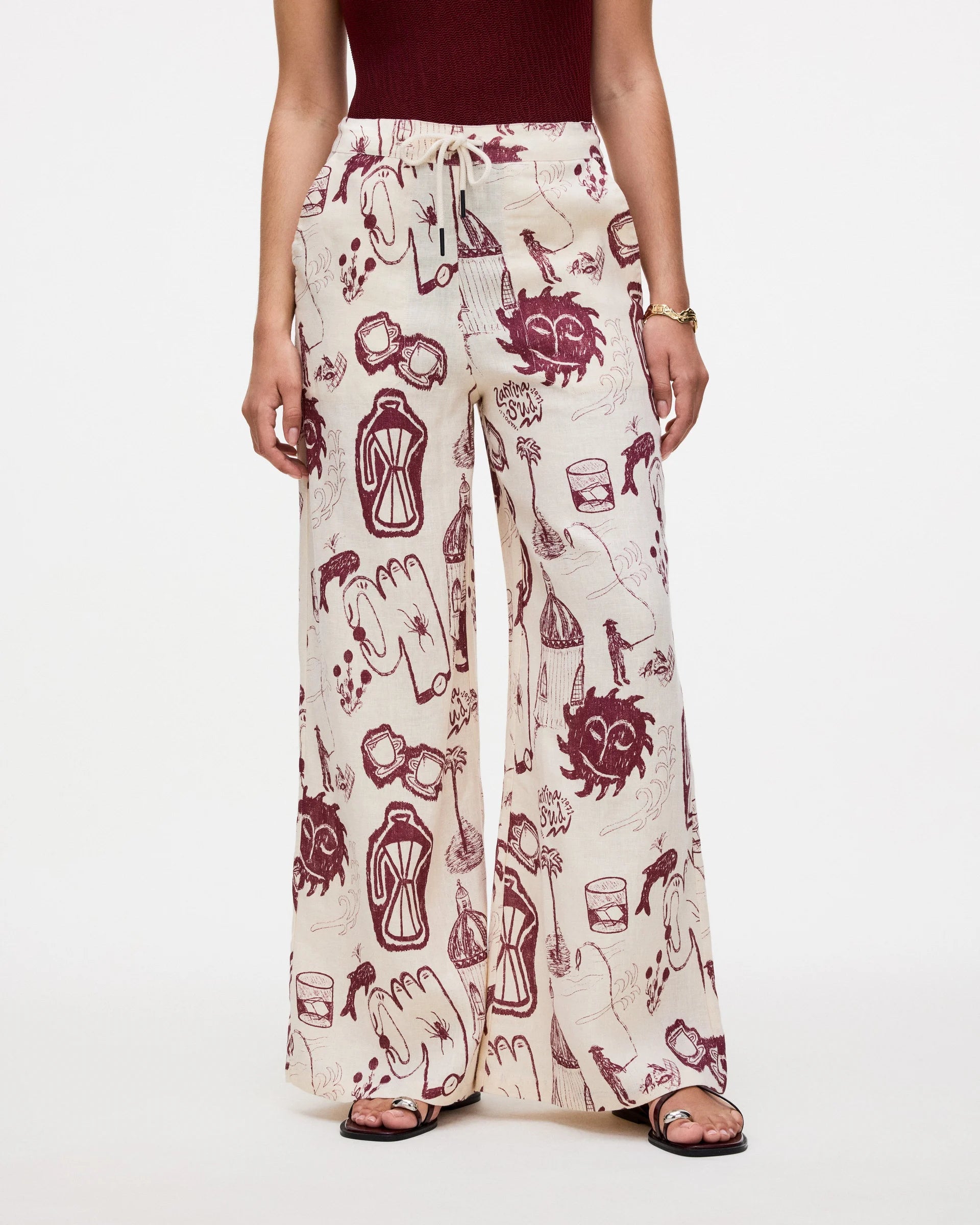 wide leg linen pant in cream and burgundy