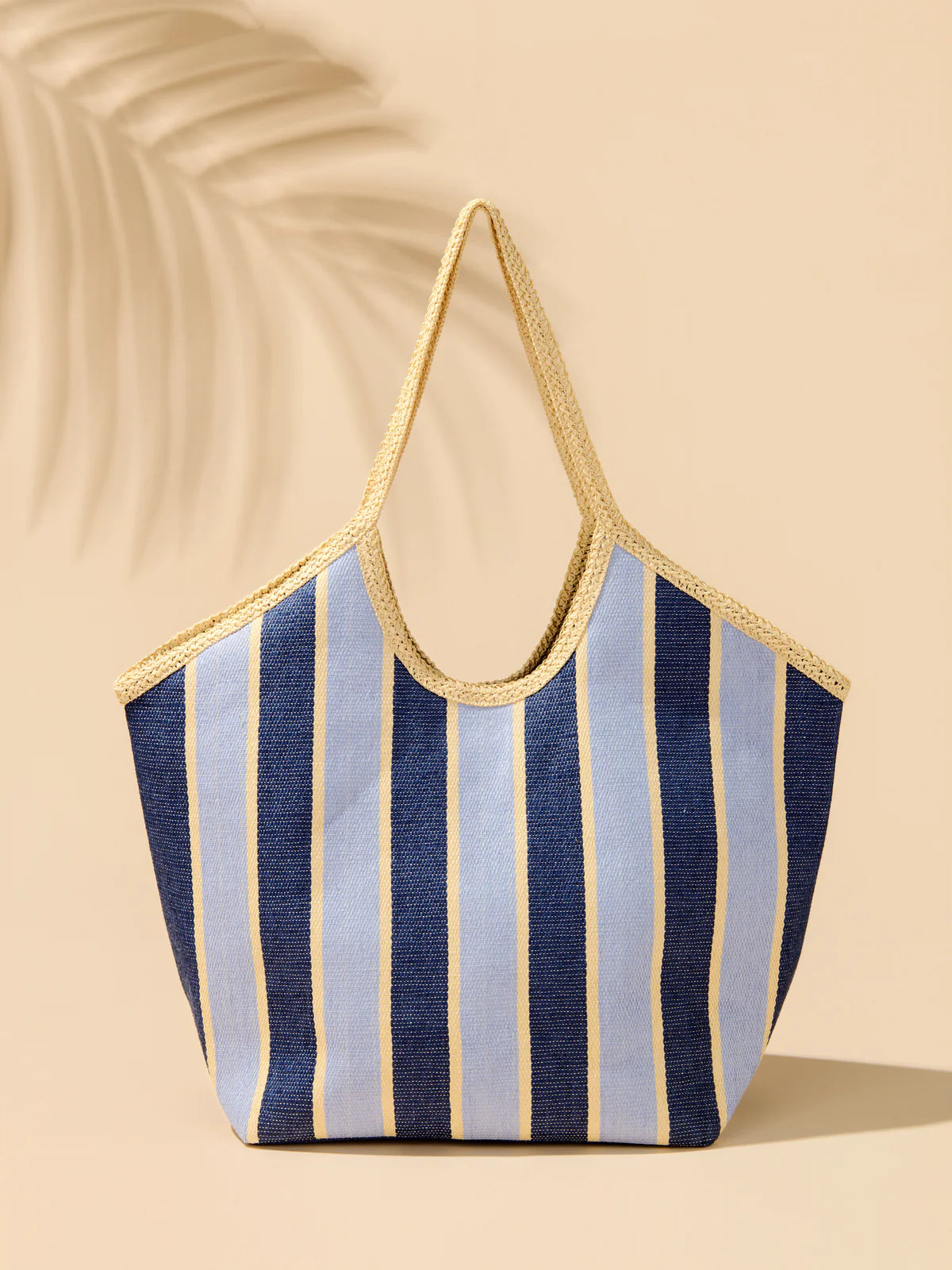 large tote with light and dark blue stripes
