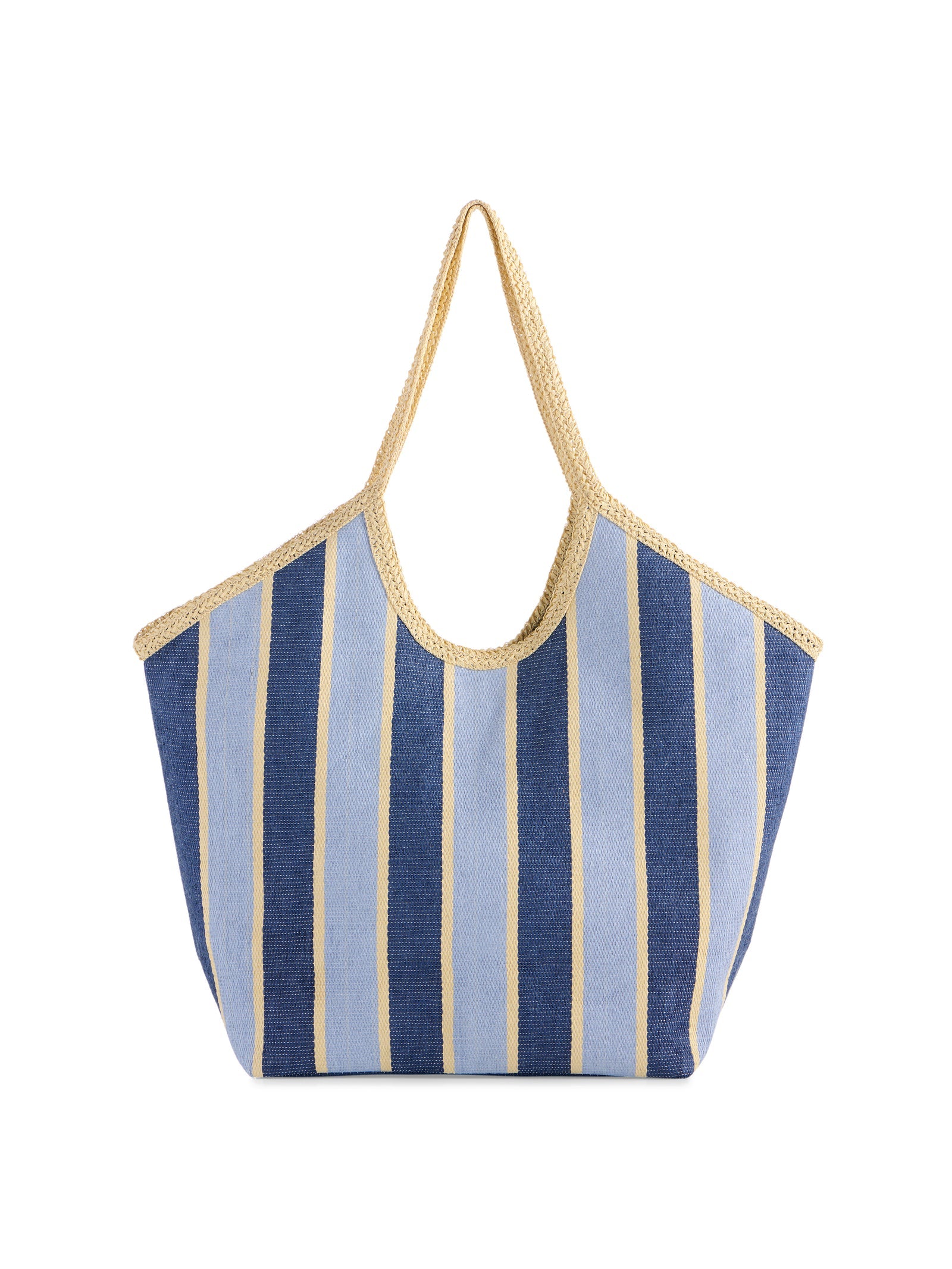 large tote with light and dark blue stripes