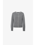grey cardigan with cream outlining the top and opening