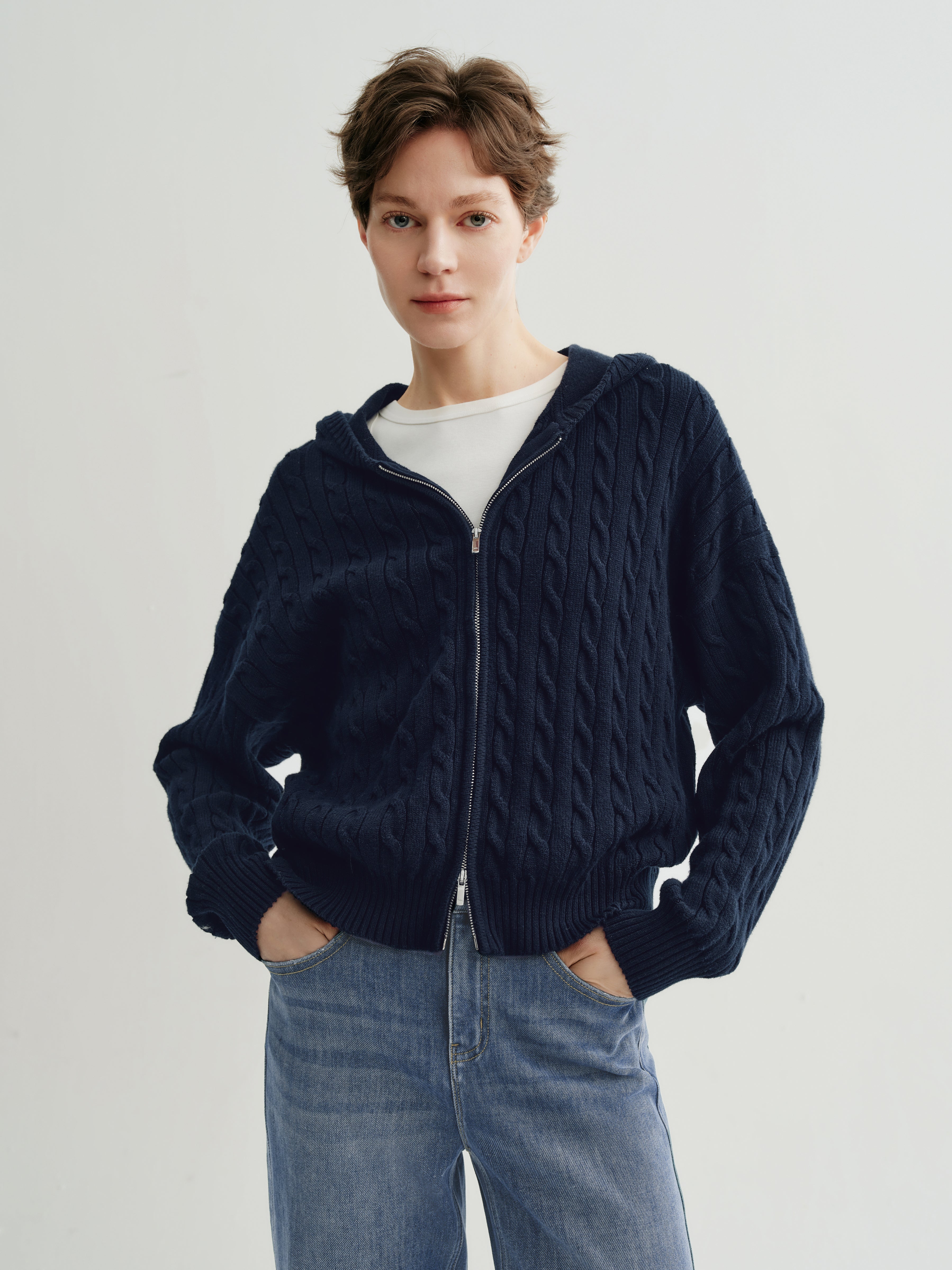 navy cable knit zip sweater