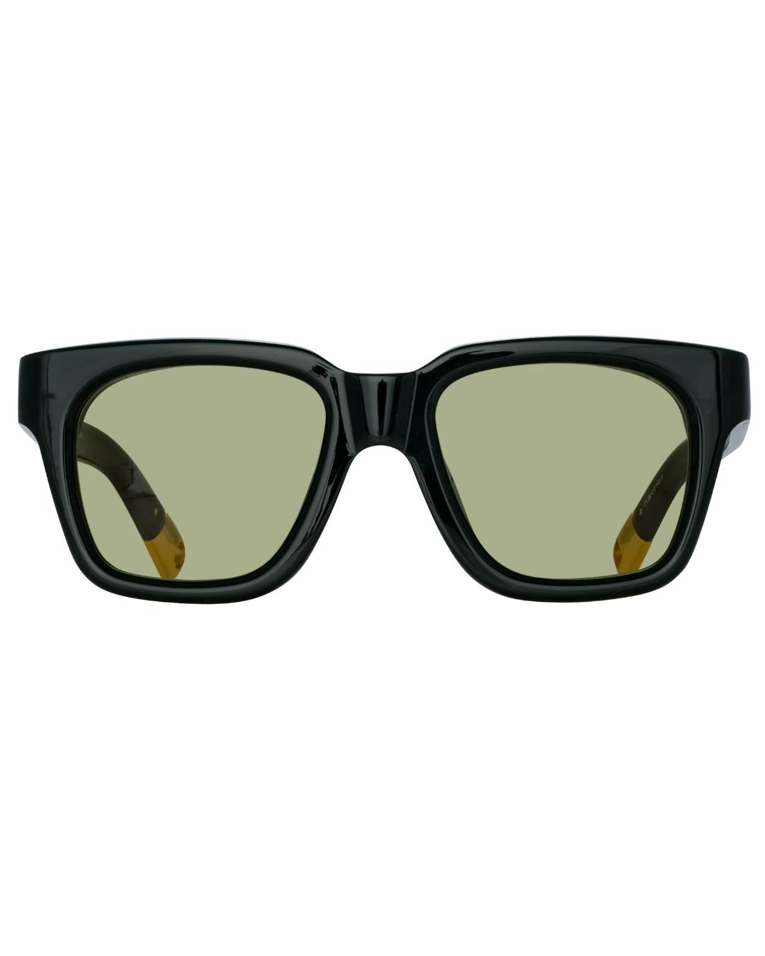 black square sunglasses with green lenses 