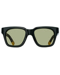 black square sunglasses with green lenses 