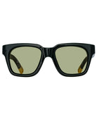 black square sunglasses with green lenses 