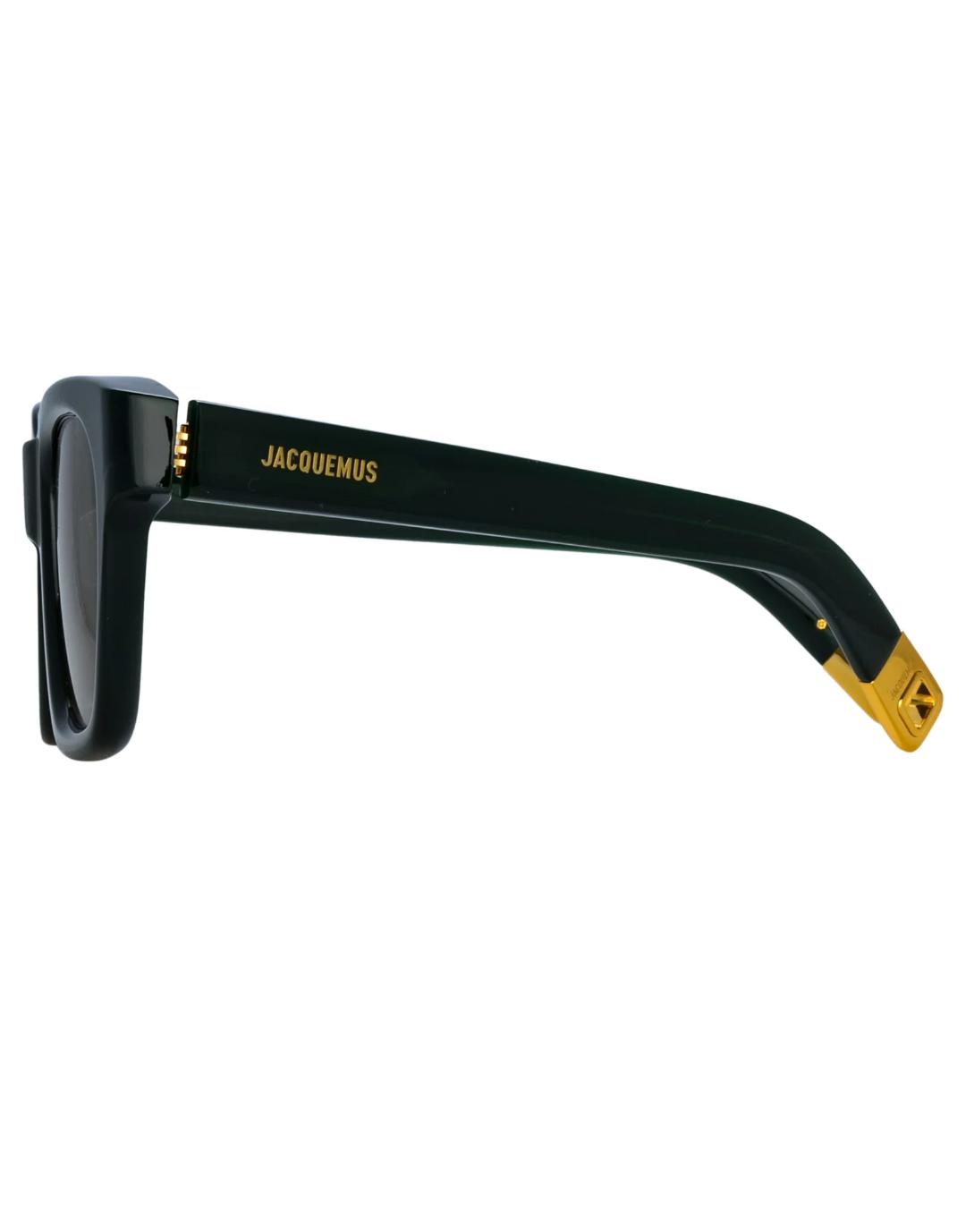 black square sunglasses with green lenses 