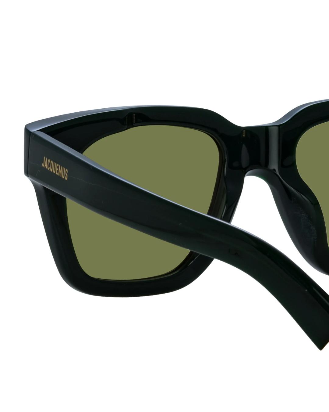 black square sunglasses with green lenses 