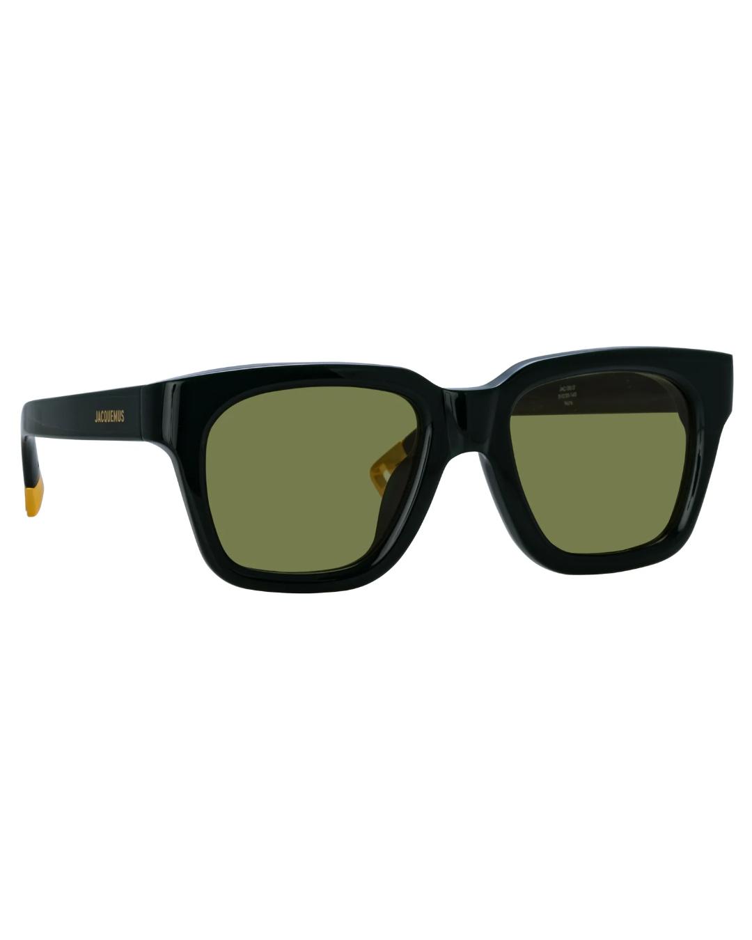 black square sunglasses with green lenses 