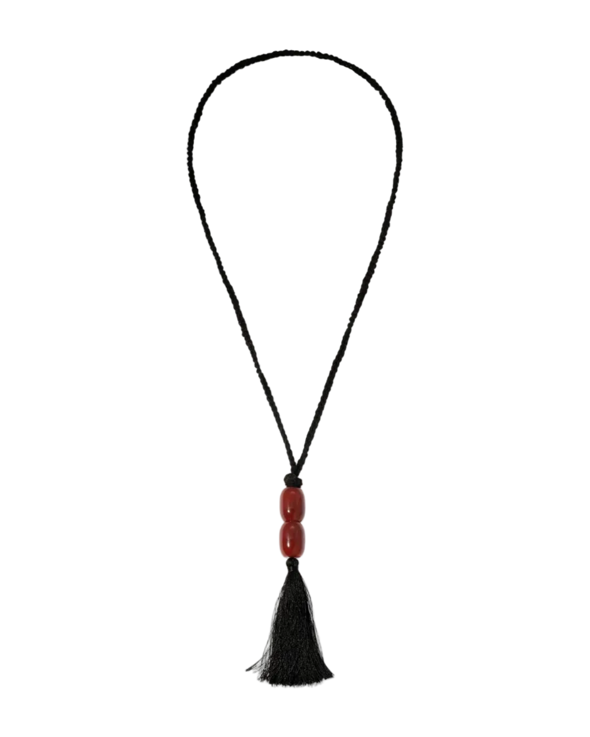 black tassel necklace with burgundy beads