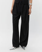 black wide leg suiting pants with white stripe